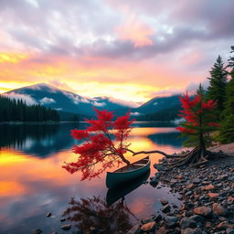 A serene mountain lake at sunset, surrounded by lush evergreen trees and a striking red-leafed tree on the rocky shore