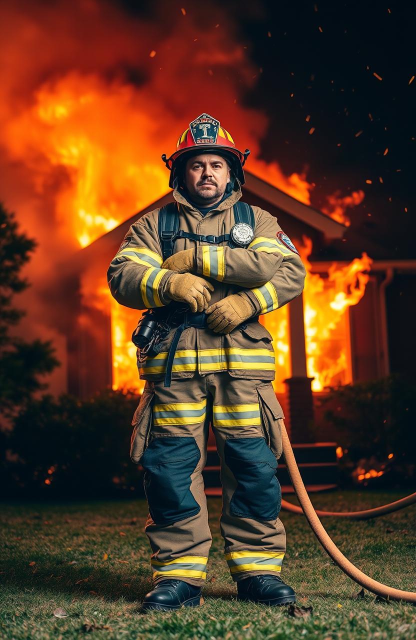 A heroic firefighter standing confidently in front of a blazing house, with bright flames and smoke swirling behind them