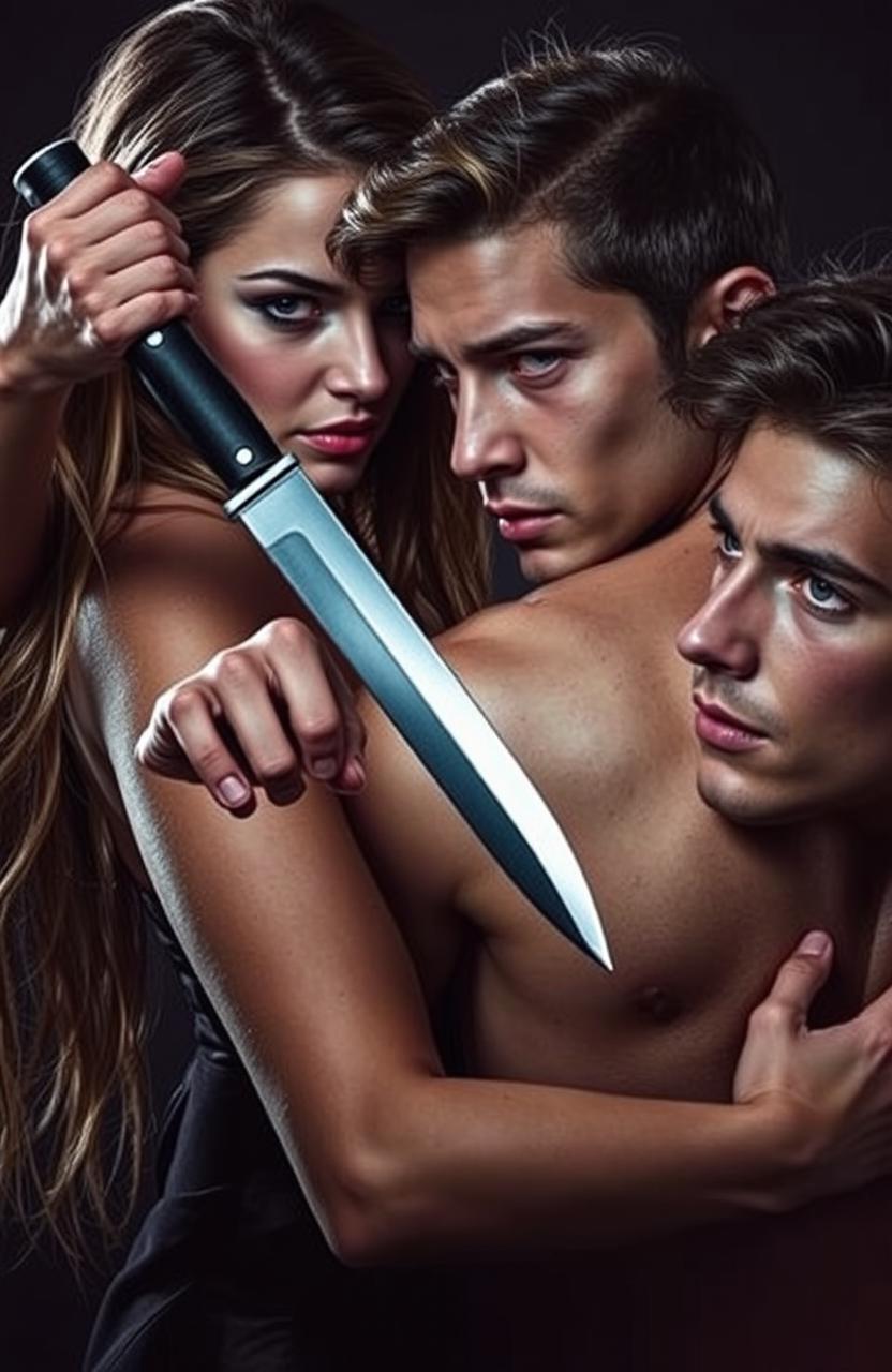 A dramatic scene featuring a young woman with intense passion in her eyes, poised to thrust a knife into the back of a young man
