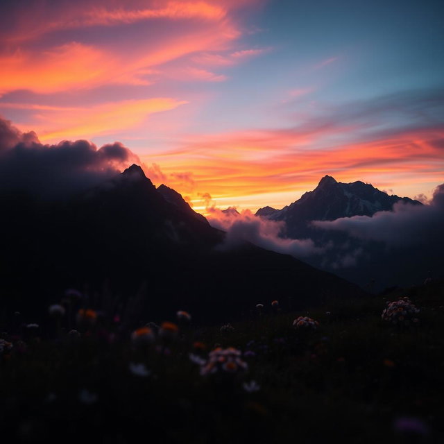 A visually striking image depicting the theme of contrast, featuring a vibrant and colorful sunrise over a dark, shadowy mountain range