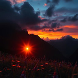 A visually striking image depicting the theme of contrast, featuring a vibrant and colorful sunrise over a dark, shadowy mountain range