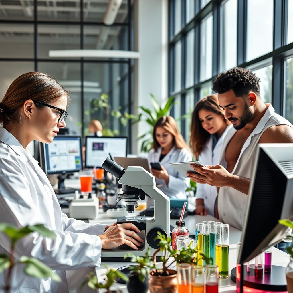 A team of scientists conducting research in a modern laboratory, with large glass windows, showcasing high-tech equipment and lab tools