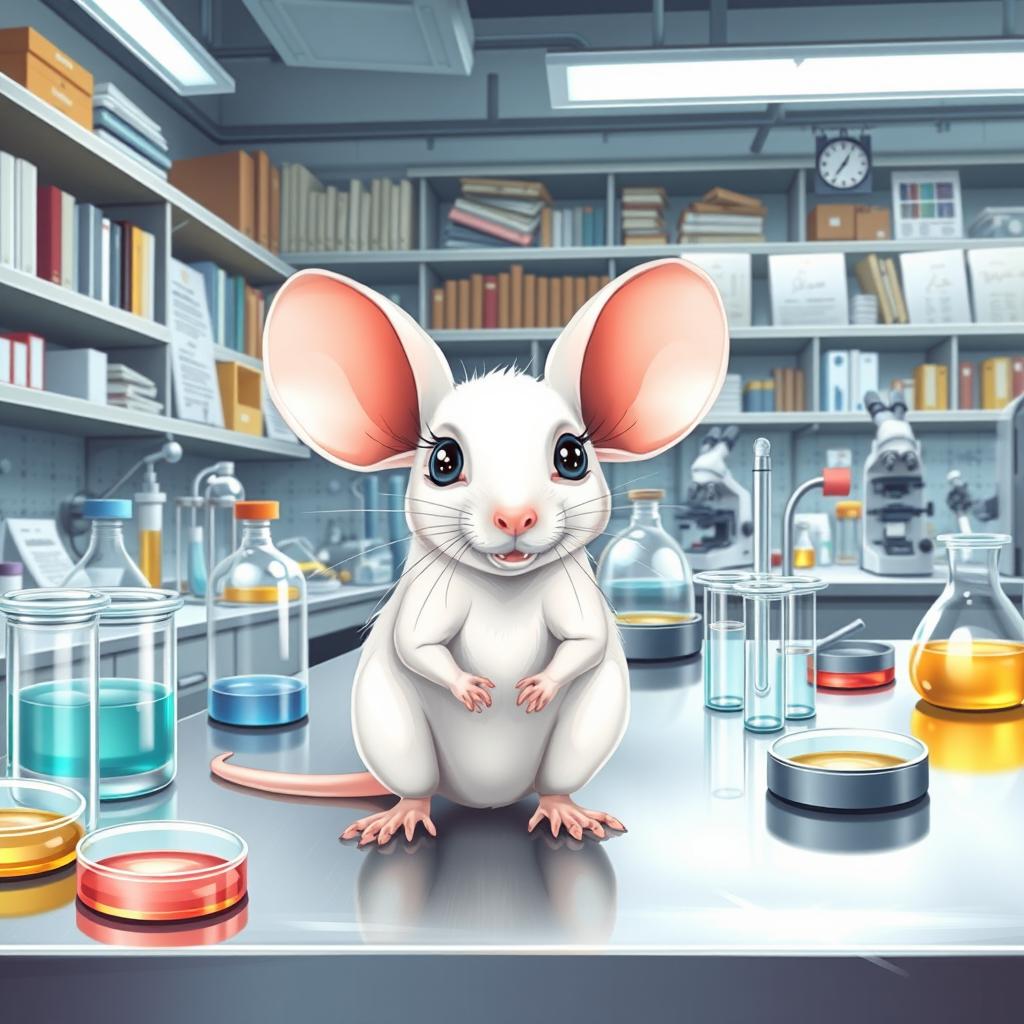 A detailed illustration of a laboratory mouse in a scientific research environment
