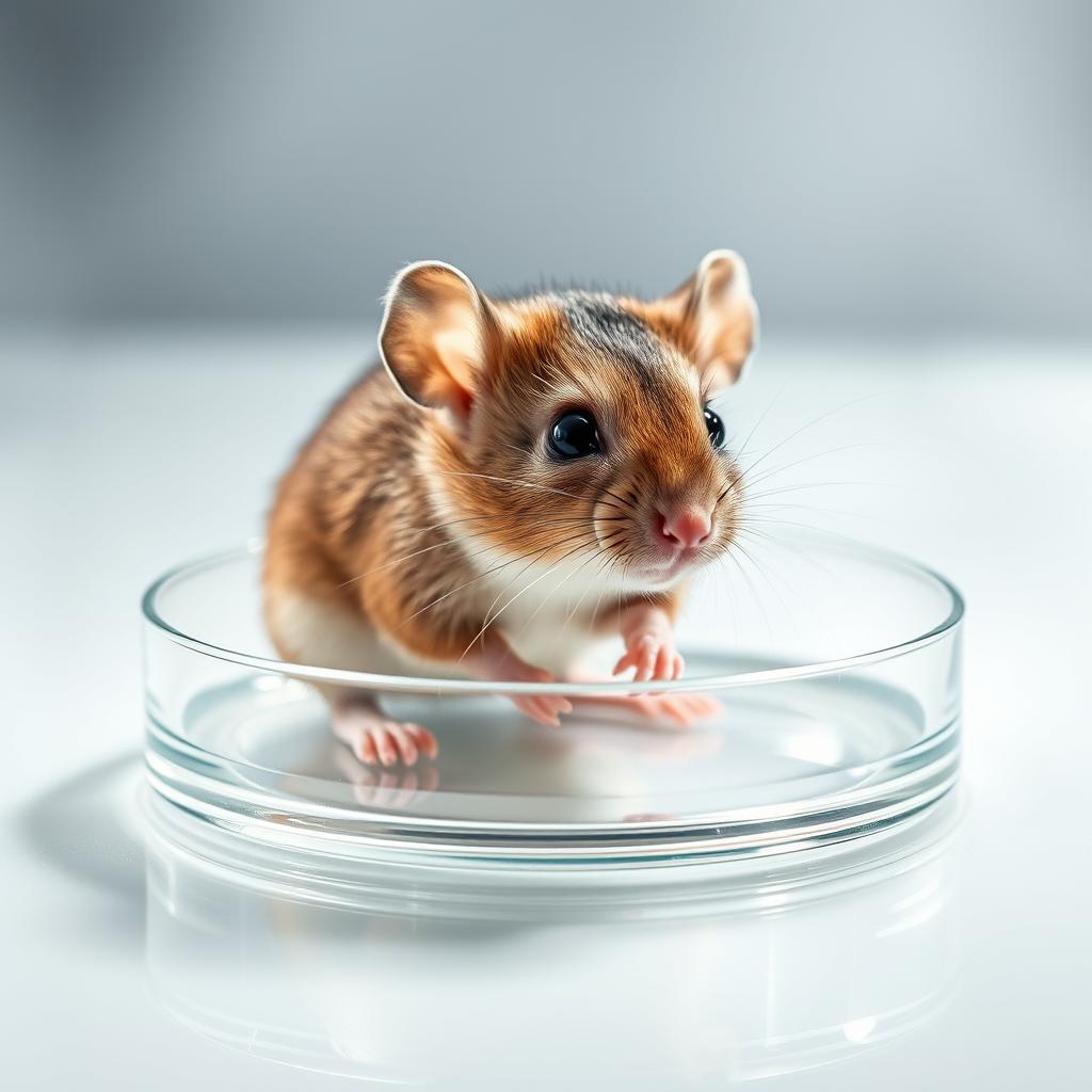 A realistic depiction of a small mouse positioned comfortably inside a Petri dish
