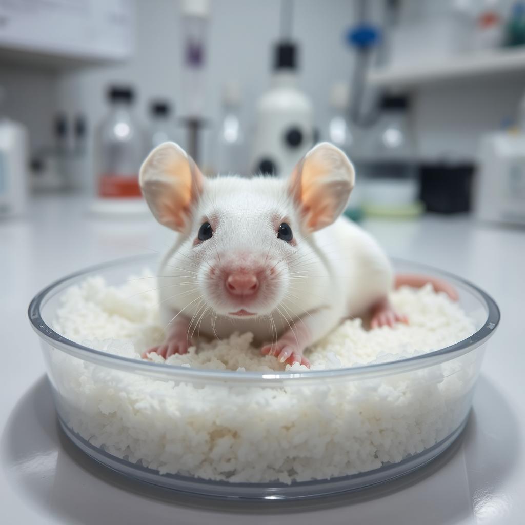 A close-up view of a white mouse comfortably resting in a clear petri dish filled with soft bedding material