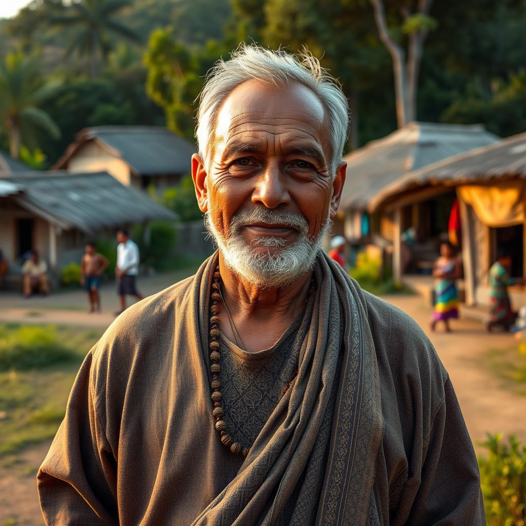 A wise and noble village leader standing in front of a thriving village, wearing traditional garments that reflect his culture, showcasing intricate patterns