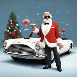 James Bond themed Santa Claus in a sleek suit with a Christmas twist, holding a martini glass filled with milk, standing next to a stylish bond car turned into a gadget-laden sleigh.