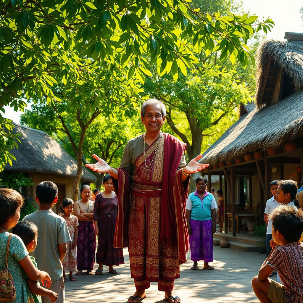 A wise village leader stands confidently at the center of a vibrant village square, adorned in regal yet earthy traditional attire