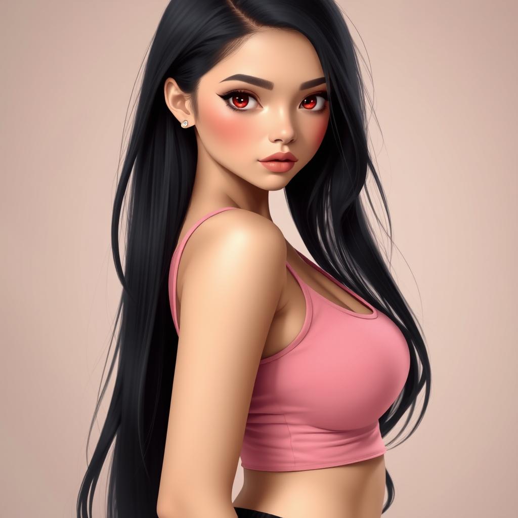A beautiful girl with long black hair cascading down her shoulders, striking ruby red eyes that captivate the viewer, and a perfectly curvy figure that accentuates her feminine form