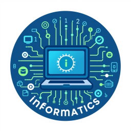Design a logo for the subject of Informatics, featuring a stylized computer at the center, surrounded by elements like binary code (0s and 1s), circuit patterns, and other computer-related symbols such as gears, data streams, and digital icons