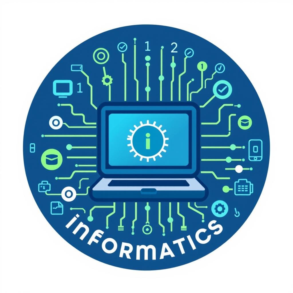 Design a logo for the subject of Informatics, featuring a stylized computer at the center, surrounded by elements like binary code (0s and 1s), circuit patterns, and other computer-related symbols such as gears, data streams, and digital icons
