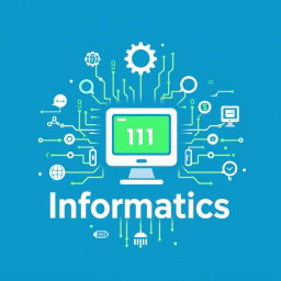 Design a logo for the subject of Informatics, featuring a stylized computer at the center, surrounded by elements like binary code (0s and 1s), circuit patterns, and other computer-related symbols such as gears, data streams, and digital icons