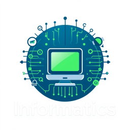 Design a logo for the subject of Informatics, featuring a stylized computer at the center, surrounded by elements like binary code (0s and 1s), circuit patterns, and other computer-related symbols such as gears, data streams, and digital icons