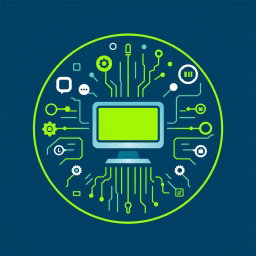 Design a logo for the subject of Informatics, featuring a stylized computer at the center, surrounded by elements like binary code (0s and 1s), circuit patterns, and other computer-related symbols such as gears, data streams, and digital icons