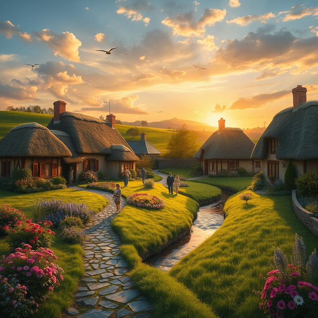 A picturesque rural village scene, featuring charming thatched-roof cottages nestled amongst lush green fields