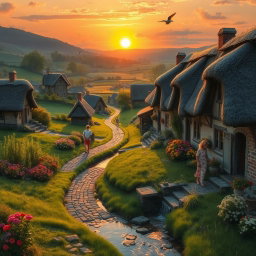 A picturesque rural village scene, featuring charming thatched-roof cottages nestled amongst lush green fields