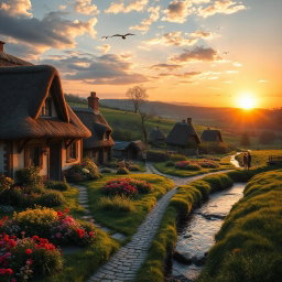 A picturesque rural village scene, featuring charming thatched-roof cottages nestled amongst lush green fields