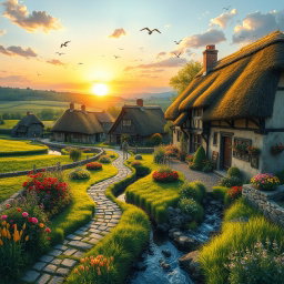 A picturesque rural village scene, featuring charming thatched-roof cottages nestled amongst lush green fields