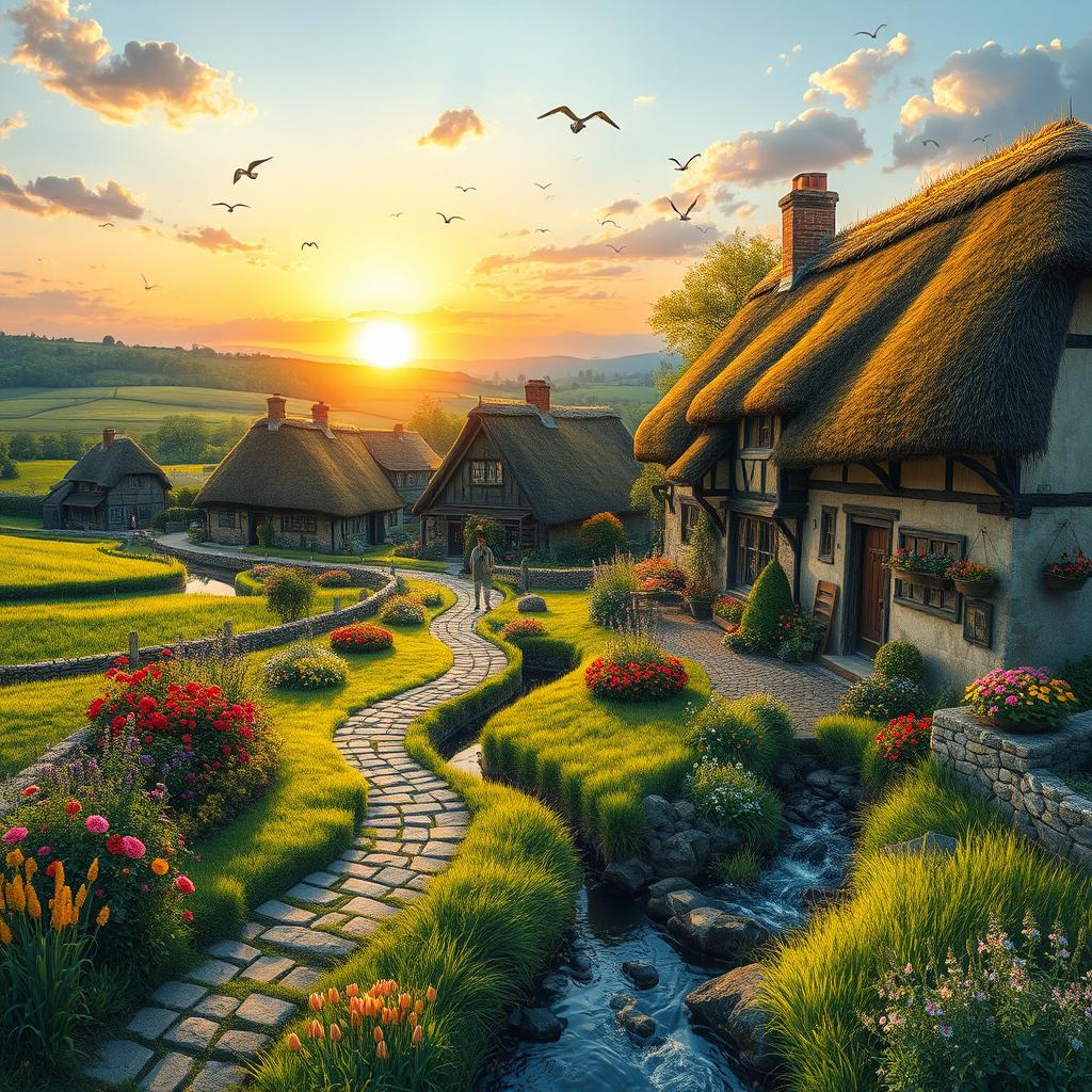 A picturesque rural village scene, featuring charming thatched-roof cottages nestled amongst lush green fields