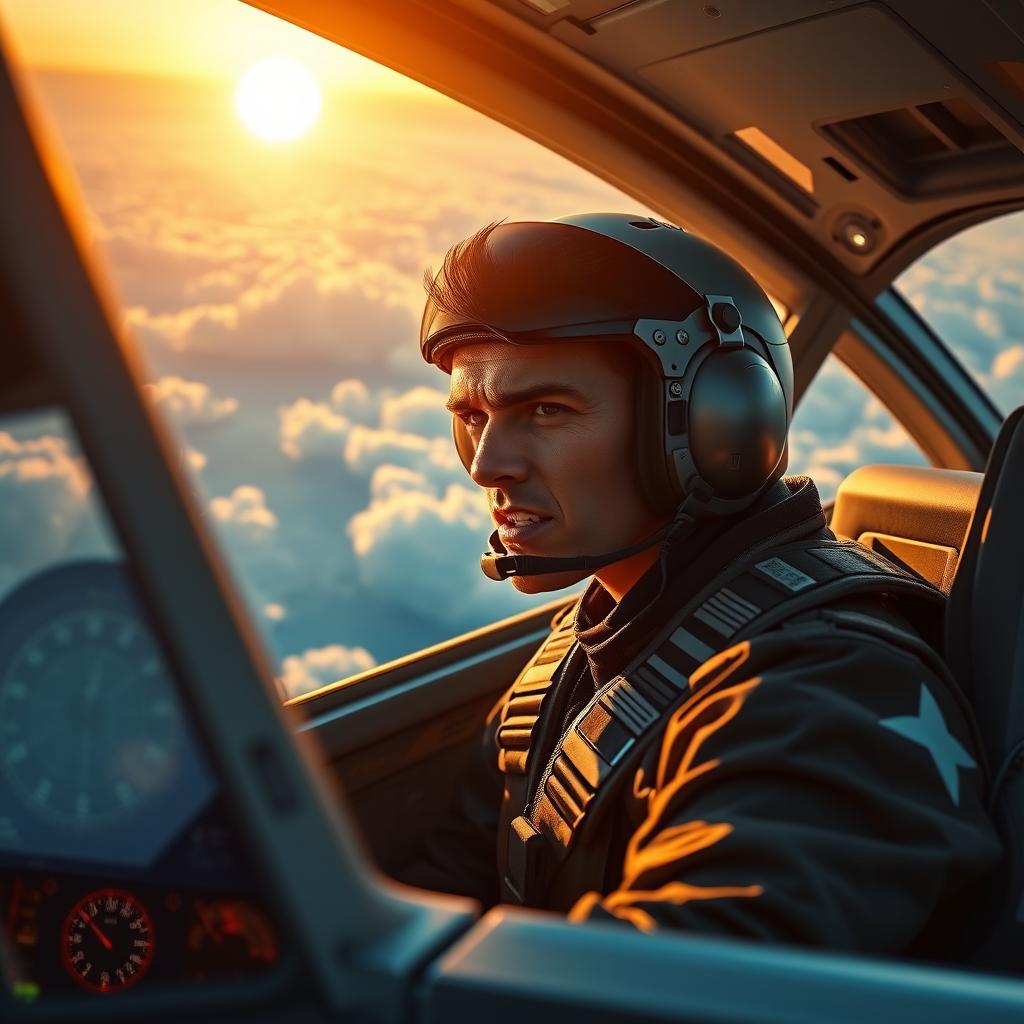 A dynamic and powerful scene depicting a determined pilot in a modern cockpit, intensely focused on flying a sleek, high-tech fighter jet