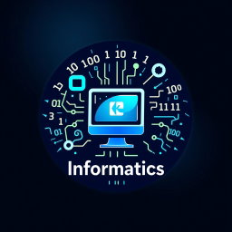 A creative logo design for the subject of Informatics, featuring a stylish computer icon as the central element, surrounded by binary numbers (0s and 1s) cascading around it