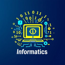 A creative logo design for the subject of Informatics, featuring a stylish computer icon as the central element, surrounded by binary numbers (0s and 1s) cascading around it