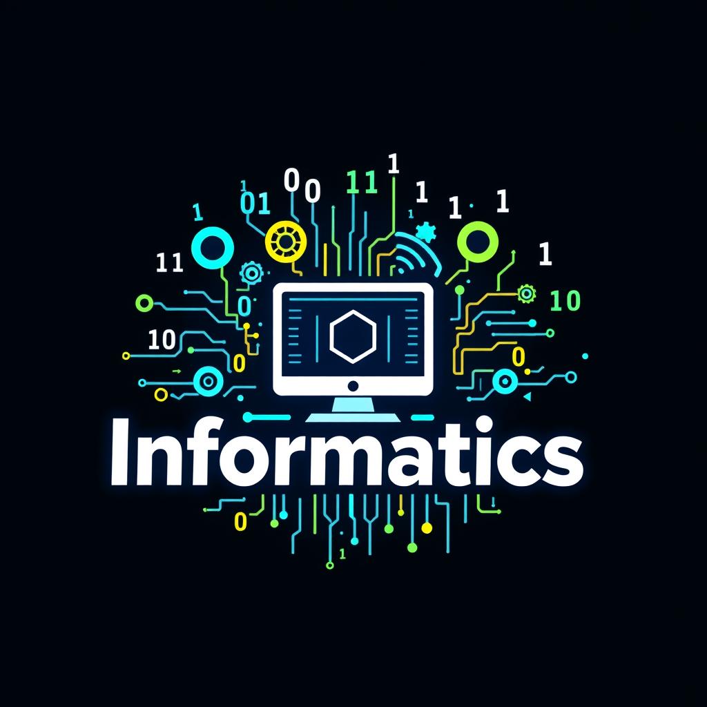 A creative logo design for the subject of Informatics, featuring a stylish computer icon as the central element, surrounded by binary numbers (0s and 1s) cascading around it