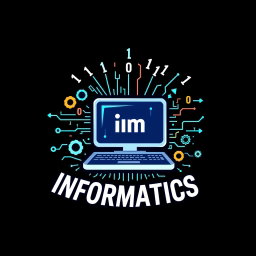 A creative logo design for the subject of Informatics, featuring a stylish computer icon as the central element, surrounded by binary numbers (0s and 1s) cascading around it