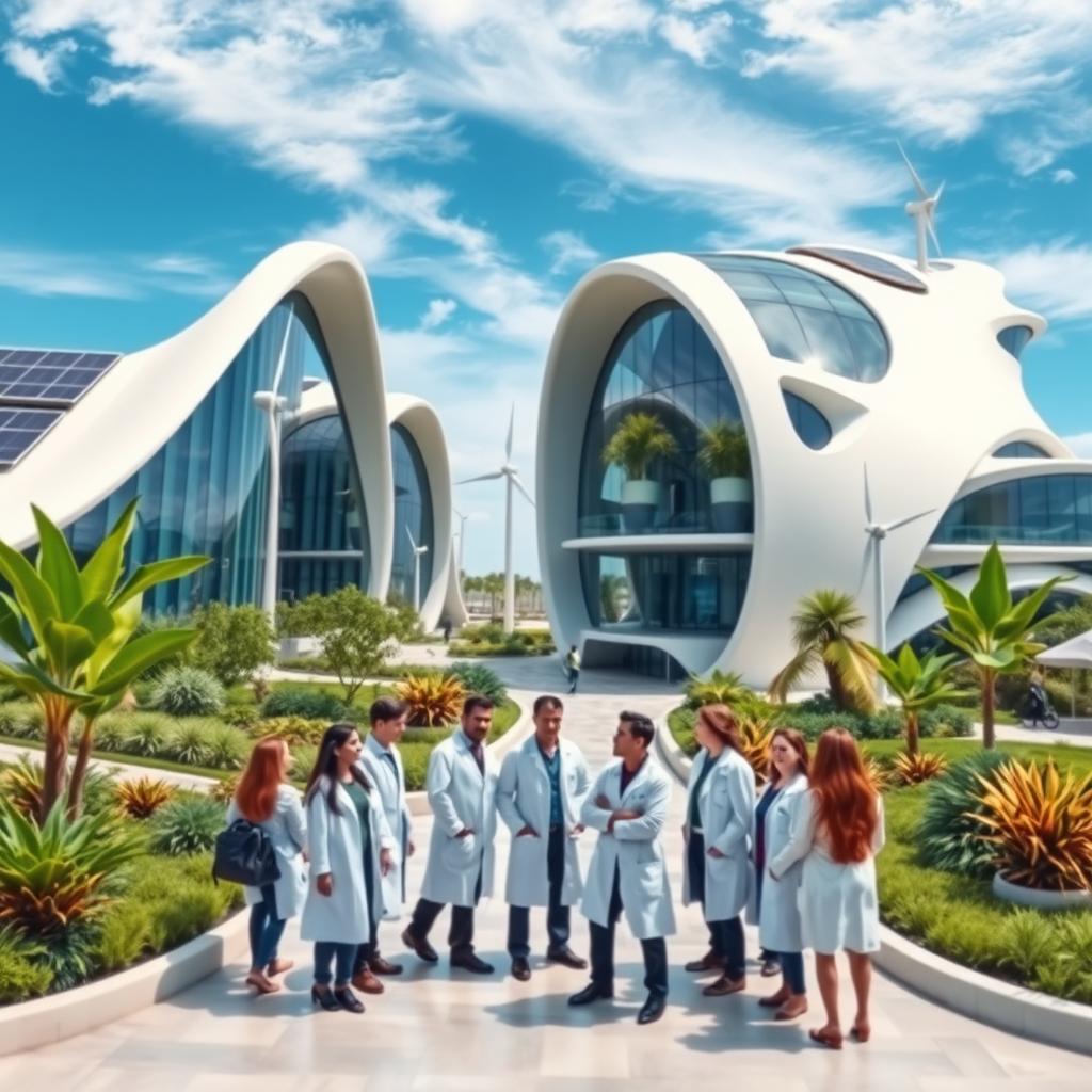 A captivating view of futuristic lab buildings, showcasing sleek, organic architecture with smooth curves and large glass surfaces that reflect a vibrant blue sky