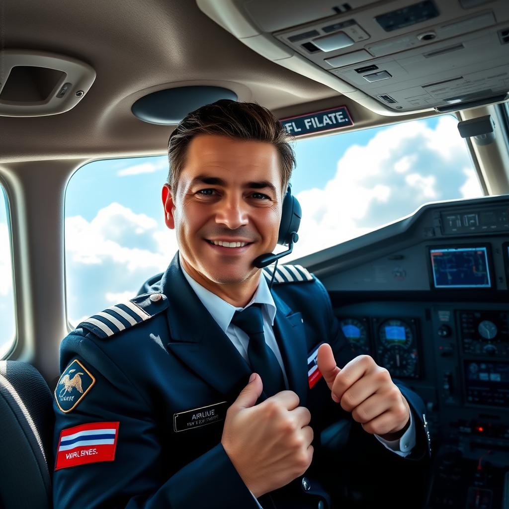 A confident pilot in a modern cockpit, wearing a stylish flight suit with patches of different airlines