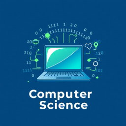 A modern logo design for a computer science subject, featuring a stylized computer or laptop in the center