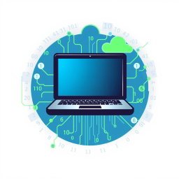 A modern logo design for a computer science subject, featuring a stylized computer or laptop in the center