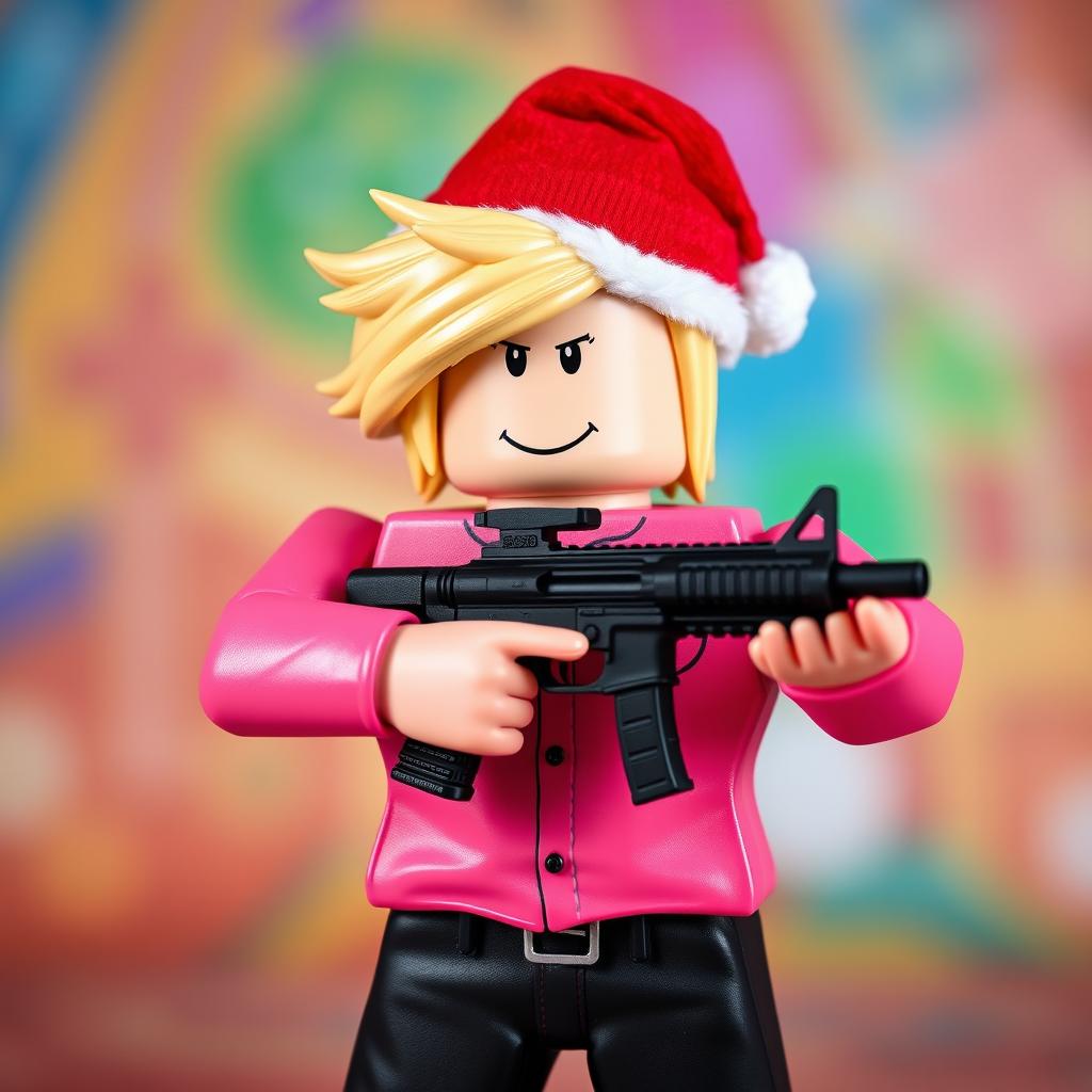 A Roblox avatar profile picture featuring a character with stylish blonde hair styled in a cool way, wearing a festive red Santa hat