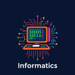 A creative and unconventional logo for the subject of Informatics, featuring a stylized computer, binary numbers (0s and 1s) interwoven throughout the design, and other elements characteristic of computing such as circuit patterns or digital screens