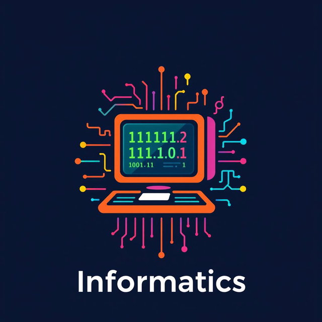 A creative and unconventional logo for the subject of Informatics, featuring a stylized computer, binary numbers (0s and 1s) interwoven throughout the design, and other elements characteristic of computing such as circuit patterns or digital screens
