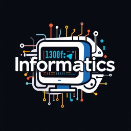 A creative and unconventional logo for the subject of Informatics, featuring a stylized computer, binary numbers (0s and 1s) interwoven throughout the design, and other elements characteristic of computing such as circuit patterns or digital screens