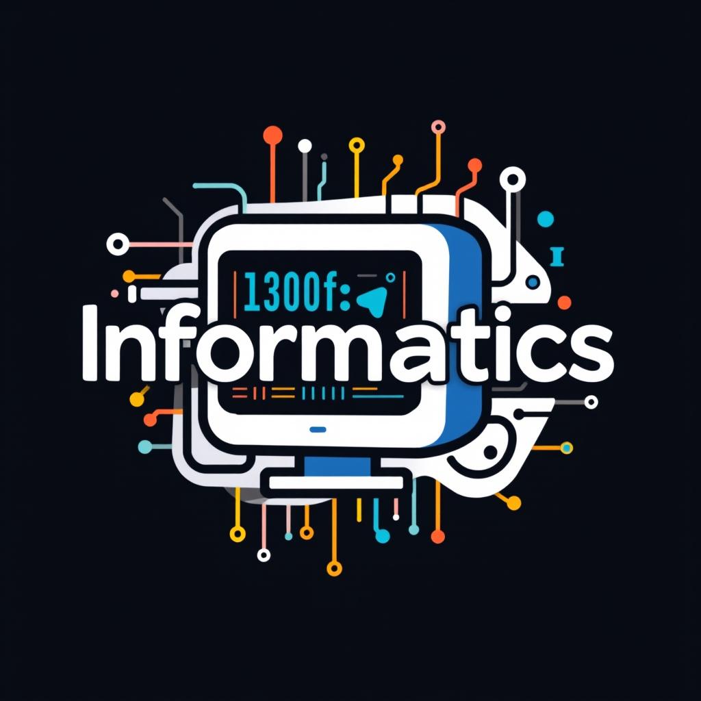 A creative and unconventional logo for the subject of Informatics, featuring a stylized computer, binary numbers (0s and 1s) interwoven throughout the design, and other elements characteristic of computing such as circuit patterns or digital screens