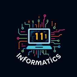 A creative and unconventional logo for the subject of Informatics, featuring a stylized computer, binary numbers (0s and 1s) interwoven throughout the design, and other elements characteristic of computing such as circuit patterns or digital screens