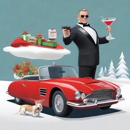 James Bond themed Santa Claus in a sleek suit with a Christmas twist, holding a martini glass filled with milk, standing next to a stylish bond car turned into a gadget-laden sleigh.