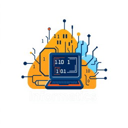 A creative and unconventional logo for the subject of Informatics, featuring a stylized computer, binary numbers (0s and 1s) interwoven throughout the design, and other elements characteristic of computing such as circuit patterns or digital screens