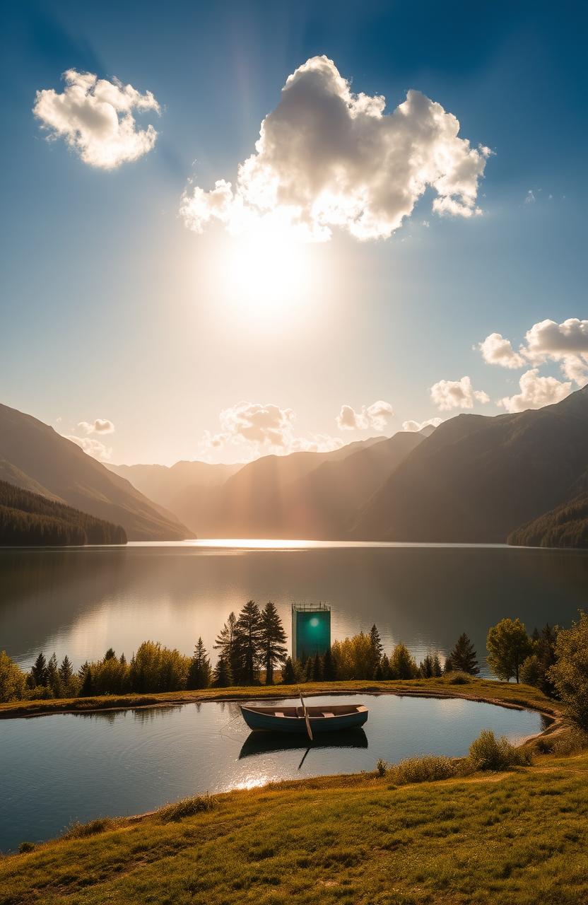 A stunning landscape featuring a wide, serene lake surrounded by majestic mountains under a clear blue sky with a few fluffy white clouds