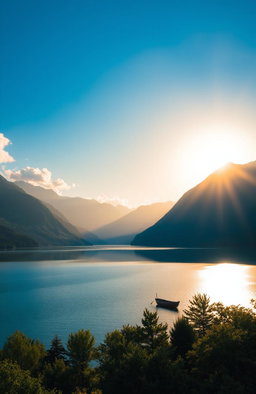 A stunning landscape featuring a wide, serene lake surrounded by majestic mountains under a clear blue sky with a few fluffy white clouds