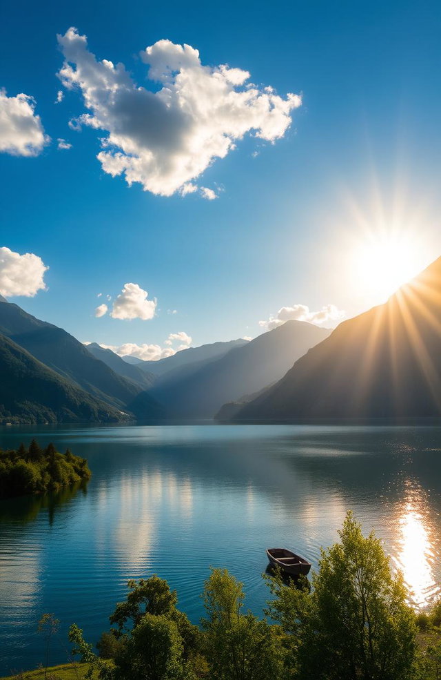 A stunning landscape featuring a wide, serene lake surrounded by majestic mountains under a clear blue sky with a few fluffy white clouds