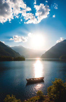 A stunning landscape featuring a wide, serene lake surrounded by majestic mountains under a clear blue sky with a few fluffy white clouds