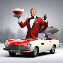 James Bond themed Santa Claus in a sleek suit with a Christmas twist, holding a martini glass filled with milk, standing next to a stylish bond car turned into a gadget-laden sleigh.