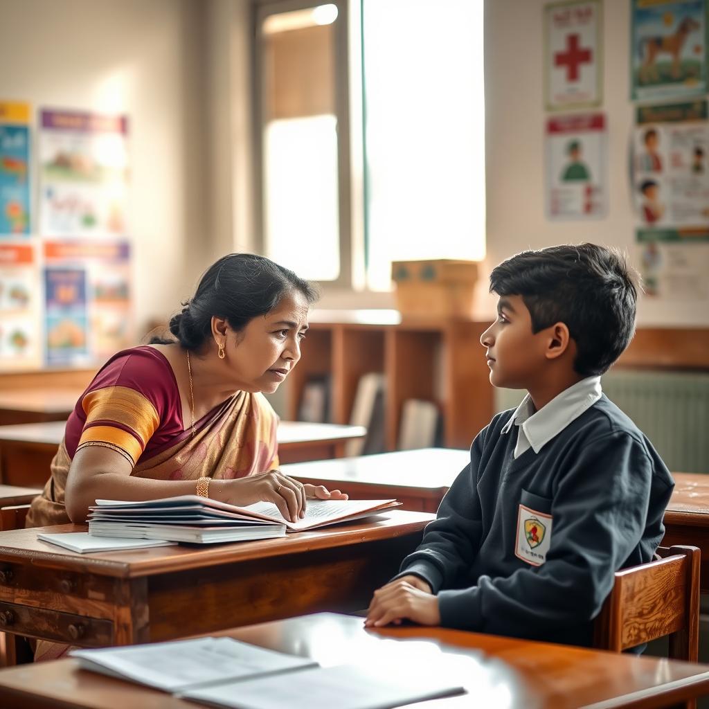 An intimate moment between an Indian teacher and student in a respectful and educational setting