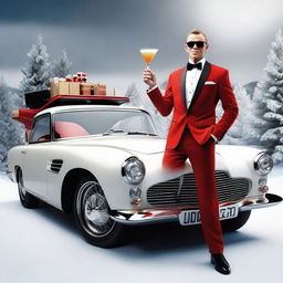 James Bond themed Santa Claus in a sleek suit with a Christmas twist, holding a martini glass filled with milk, standing next to a stylish bond car turned into a gadget-laden sleigh.