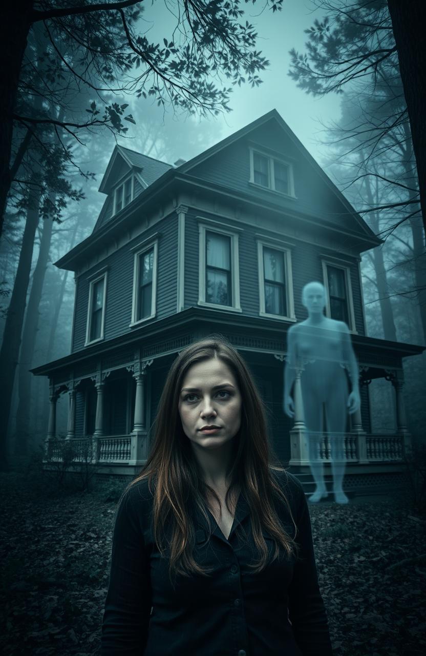 A woman stands outside an old Victorian home surrounded by dense, eerie woods