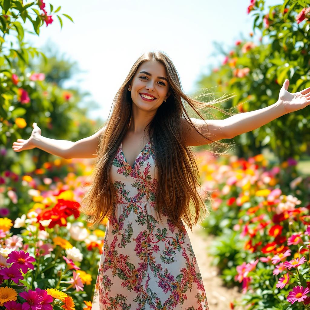 A young woman with long flowing hair, wearing a stylish summer dress, standing in a vibrant flower garden, sunlight streaming down, bright colors of various flowers surrounding her, an expression of joy on her face, her arms outstretched in a carefree pose, a gentle breeze rustling the leaves, with a clear blue sky in the background
