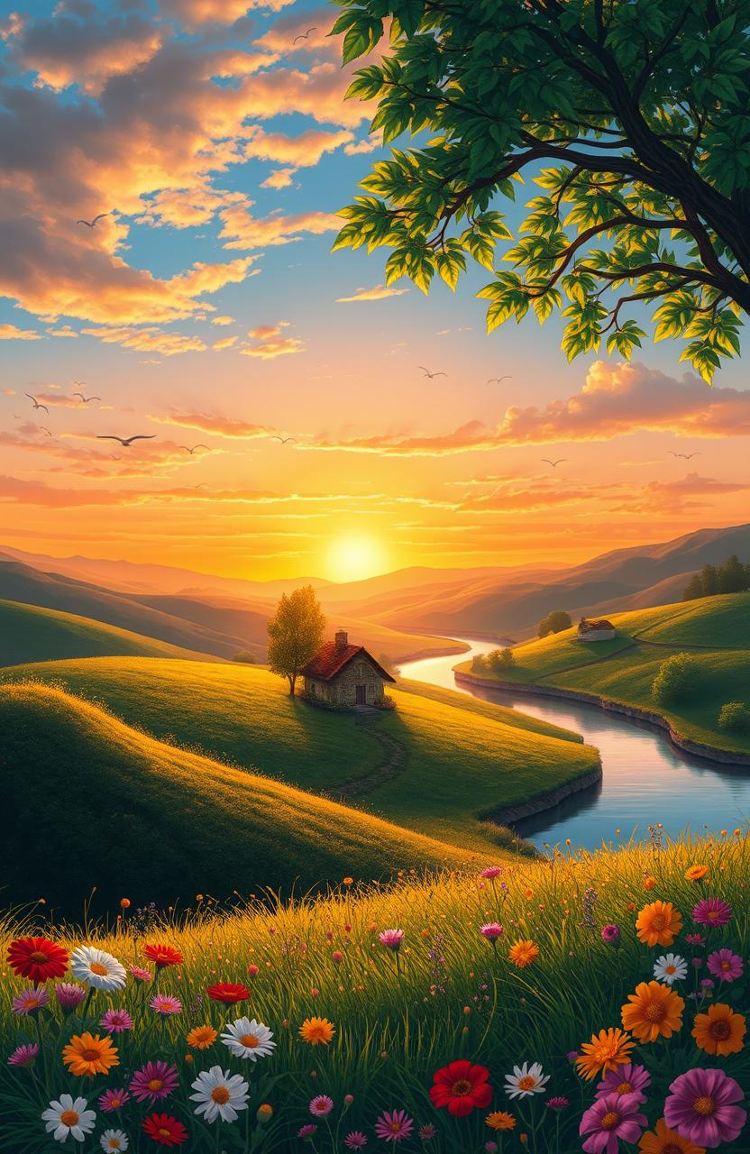 A dreamy landscape illustrating a serene life, featuring lush greenery, soft rolling hills, a vibrant sunset with warm colors blending into the sky, a small cottage with smoke coming from the chimney, birds flying in the distance, and a peaceful river reflecting the sunset